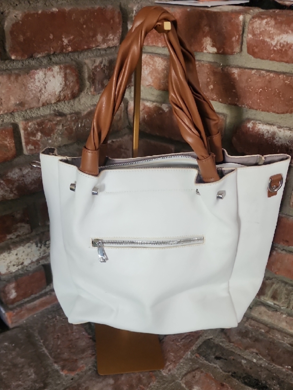 Sondra Roberts White Tote Bag Brown Braided Handles Large Minimalist Shoulder - Picture 3 of 11